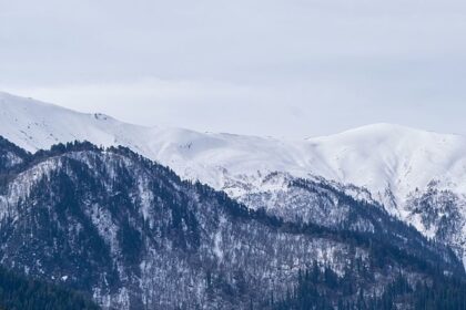 A picture of snow-covered mountains taken from Dehradun, Uttarakhand