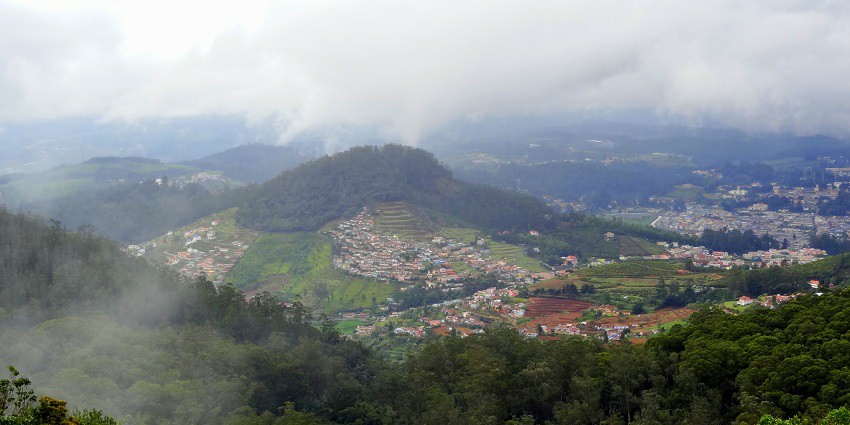 Aerial view of Ooty showing the town, a popular tourist attraction in Tamil Nadu.