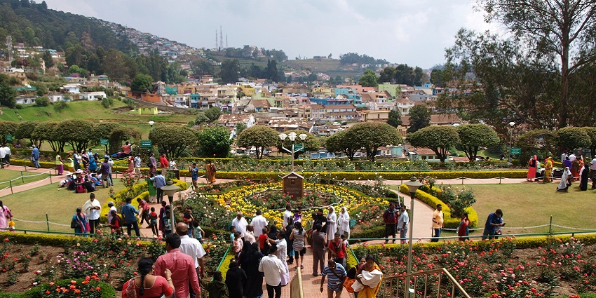 View of Ooty rose garden, tourists skimming through the verdant landscapes