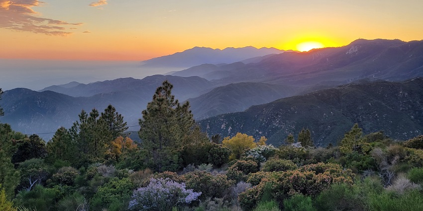 A stunning sunset over Mukurthi National Park, casting warm hues across the sky and mountains.