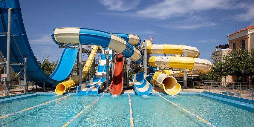 Colourful slides in red and blue colour for visitors to enjoy the summers