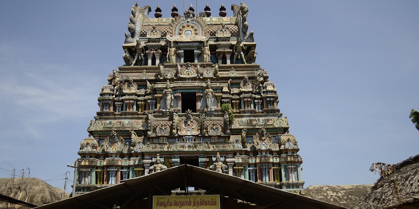 Front view of the Lalithambigai Temple, with the unique architecture