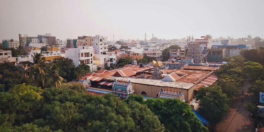 Aerial view of the village housing Garbarakshambigai Temple.