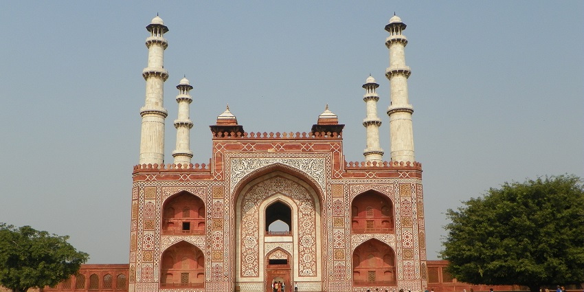 View of the south entrance to Akbar's tomb, showcasing unique architecture