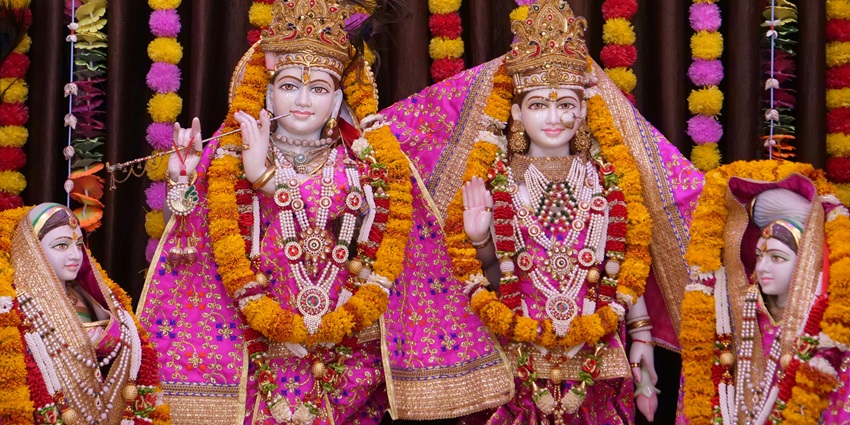 Image of lord krishna idols - Govardhan Temple, showcasing its intricate architecture