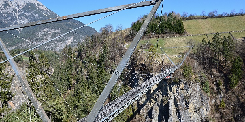 Image of a bungee jumping bridge surrounded by lush greenery