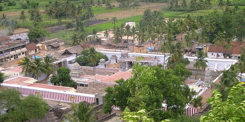 Aerial view of the Renugambal Amman Temple, one of the tourist attractions near Melmalayanur Temple.