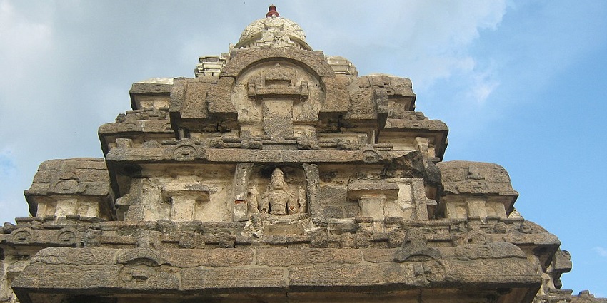 Close up view of the detailed architecture of the Panamalai Temple.