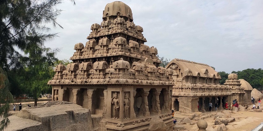 People are visiting the five temples of the Pandavas which are placed next to each other.