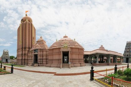 A panorama of Panduranga Temple with two gopurams in left and right in Thennangur, Tamil Nadu.