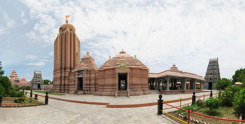 A panorama of Panduranga Temple with two gopurams in left and right in Thennangur, Tamil Nadu.