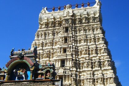 Top structure of the Papansam temple with its traditional Dravidian style architecture