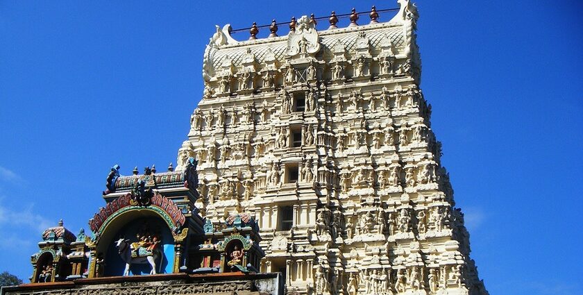 Top structure of the Papansam temple with its traditional Dravidian style architecture