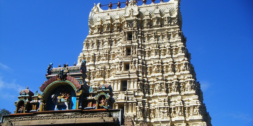 Structure of the Papanasam temple with carved sculptures in traditional architecture