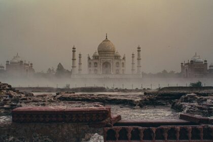 A panoramic view of the Taj Mahal from rooftops in Agra, Uttar Pradesh, India.