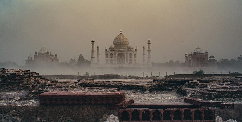 A panoramic view of the Taj Mahal from rooftops in Agra, Uttar Pradesh, India.