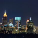 Atlanta skylike view from Buckhead with many buildings and skyscrapers lighted up