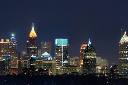 Atlanta skylike view from Buckhead with many buildings and skyscrapers lighted up