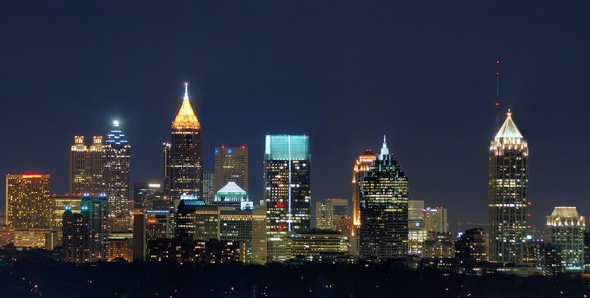 Atlanta skylike view from Buckhead with many buildings and skyscrapers lighted up