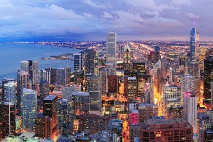 Chicago's skyscrapers and corporate headquarters with roads well-lit in the evening