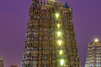 View of the vibrant, intricately detailed Meenakshi Amman Temple in Madurai, Tamil Nadu.