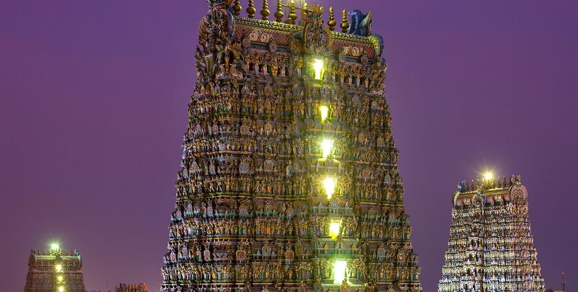 View of the vibrant, intricately detailed Meenakshi Amman Temple in Madurai, Tamil Nadu.