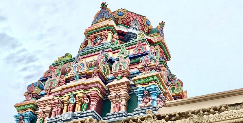 A panoramic view of the Srirangam Temple in Tamil Nadu, India, showing its ornate towers.