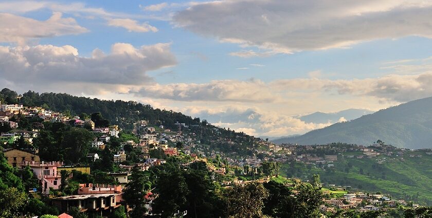 A beautiful evening over the Almora skyline, with vibrant orange hues lighting the sky.