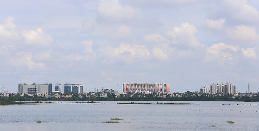 The Chennai skyline from St. Thomas Mount features urban buildings and dense greenery.