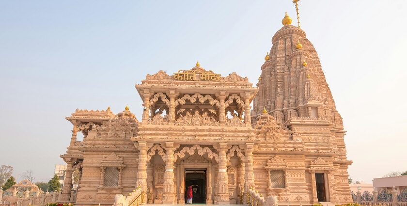 A lovely Hindu temple in Gokul, designed with beautiful carvings and a dome that glitters.