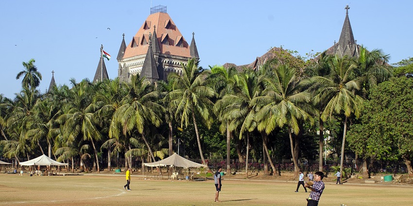 View of the Oval Maidan surrounded by palm trees and children playing.