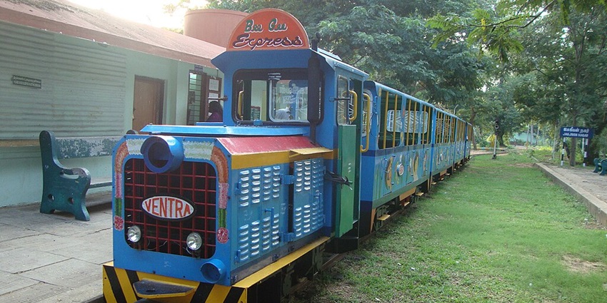 A toy train carrying children in the botanical garden in Puducherry, India, surrounded by trees.