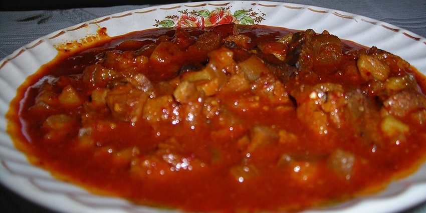 Pork sorpotel with spicy and tangy flavours.