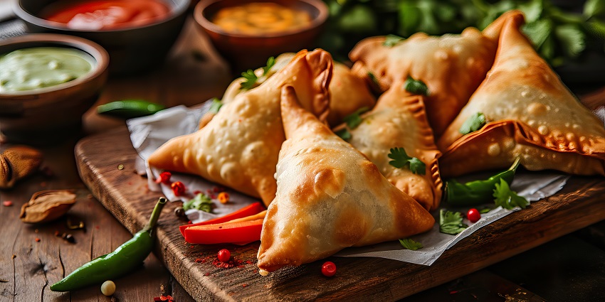 Four pieces of crispy samosa are served on a white circular plate with green sauce