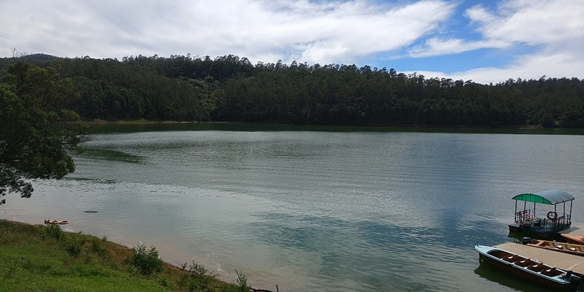 A peaceful view of Pykara Lake in Ooty, surrounded by greenery and calm waters.