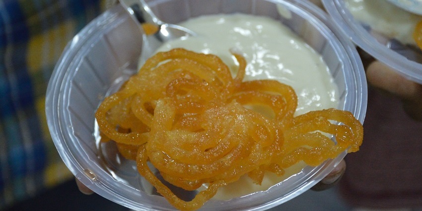 Delicious plate of Rabri and jalebi served at Hira sweet