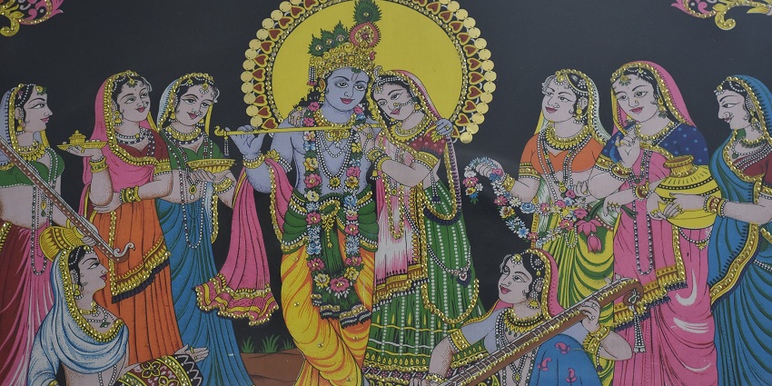 A beautiful painting of Radha Krishna at Radha Govind Temple, Uttar Pradesh, India.