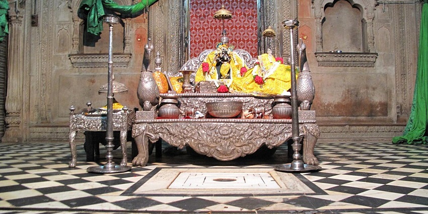 Radha Krishna idols decorated for festival at Radha Krishna Sadhana Mandir