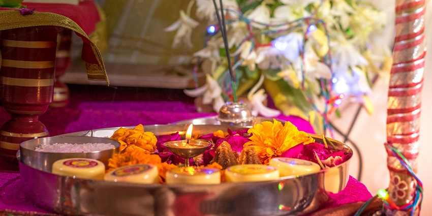 Pooja Thali is decorated at Ram Mandir in Durgapur, West Bengal, India.