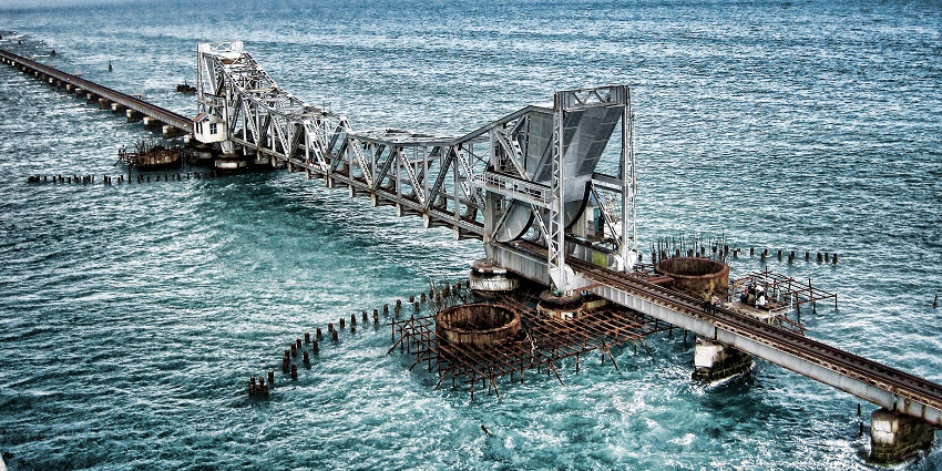Pamban Rail Bridge in Rameshwaram, with the sea surrounding it is one of the places to visit in Tamil Nadu with family