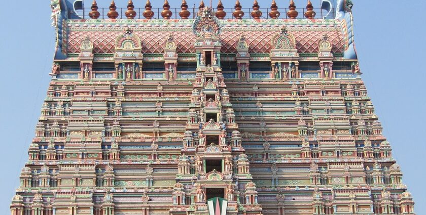 South Indian architecture marvel of Ranganatha Temple with vibrant colours and carvings.