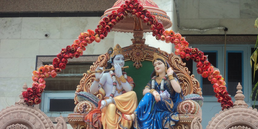 Lord Krishna and Radha in Rangeeli Mahal, a beautifully adorned best temple near Barsana.