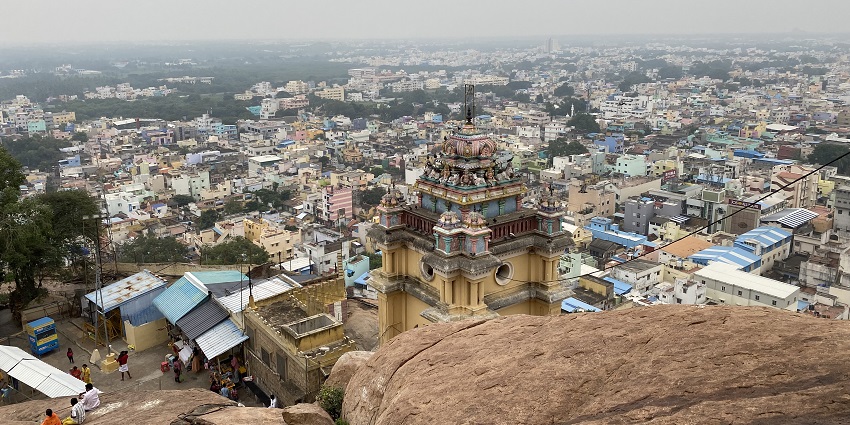 A view of the serene Rockfort Temple, one of the famous places to visit in Trichy.