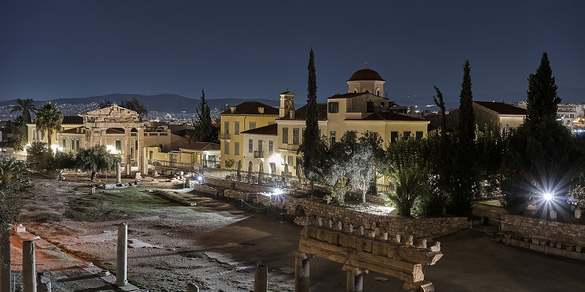 Roman agora at night with lighting, near the famous national archaeological museum.
