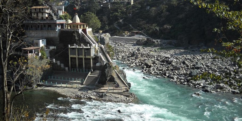 Confluence of Alaknanda and Mandakini rivers at Rudra Prayag with hilly backdrop