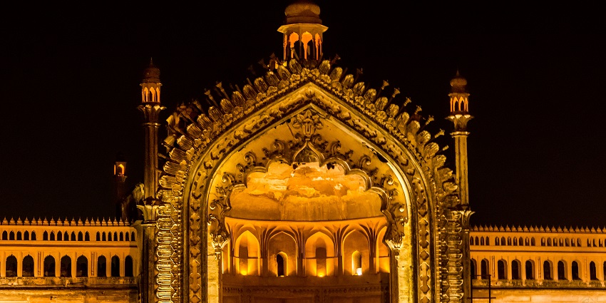 Rumi Darwaza illuminated at night in Lucknow, showcasing its beautiful architecture