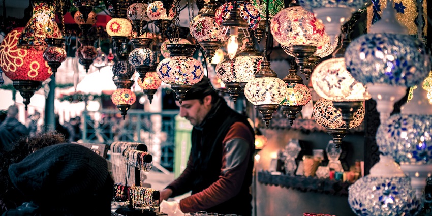 The busy streets of the Sadar Bazaar that are filled with different shops and visitors.