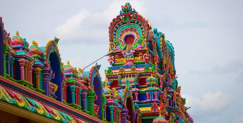 A front view of the Samayapuram Mariyamman Temple, showcasing its architectural design.