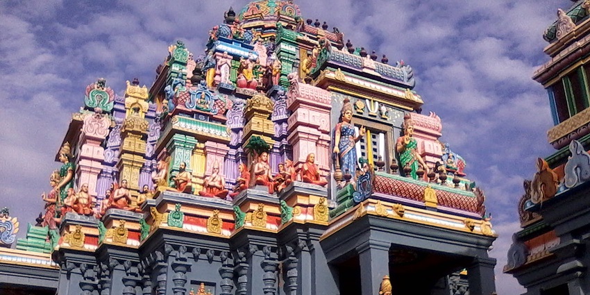 Multi-tiered, ornate gopuram of Ashtalakshmi Temple beside Elliot’s Beach in Chennai.