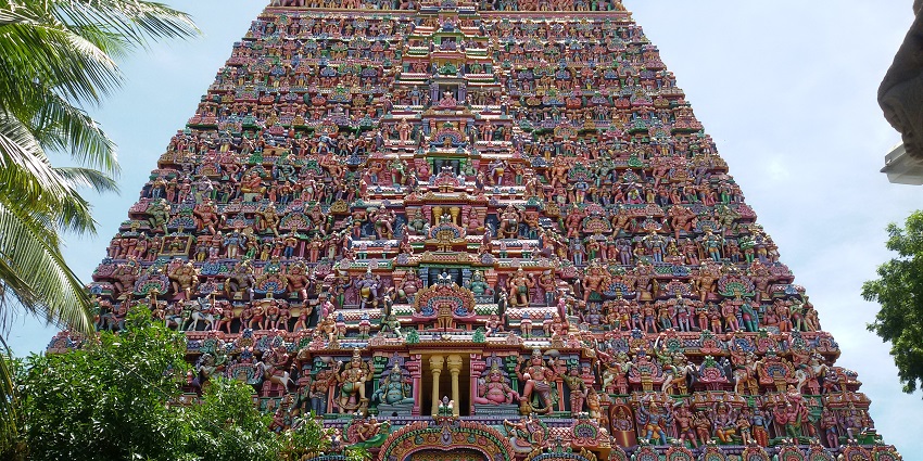 Close-up of the grand gopuram of Sarangapani Temple with colourful and detailed sculptures